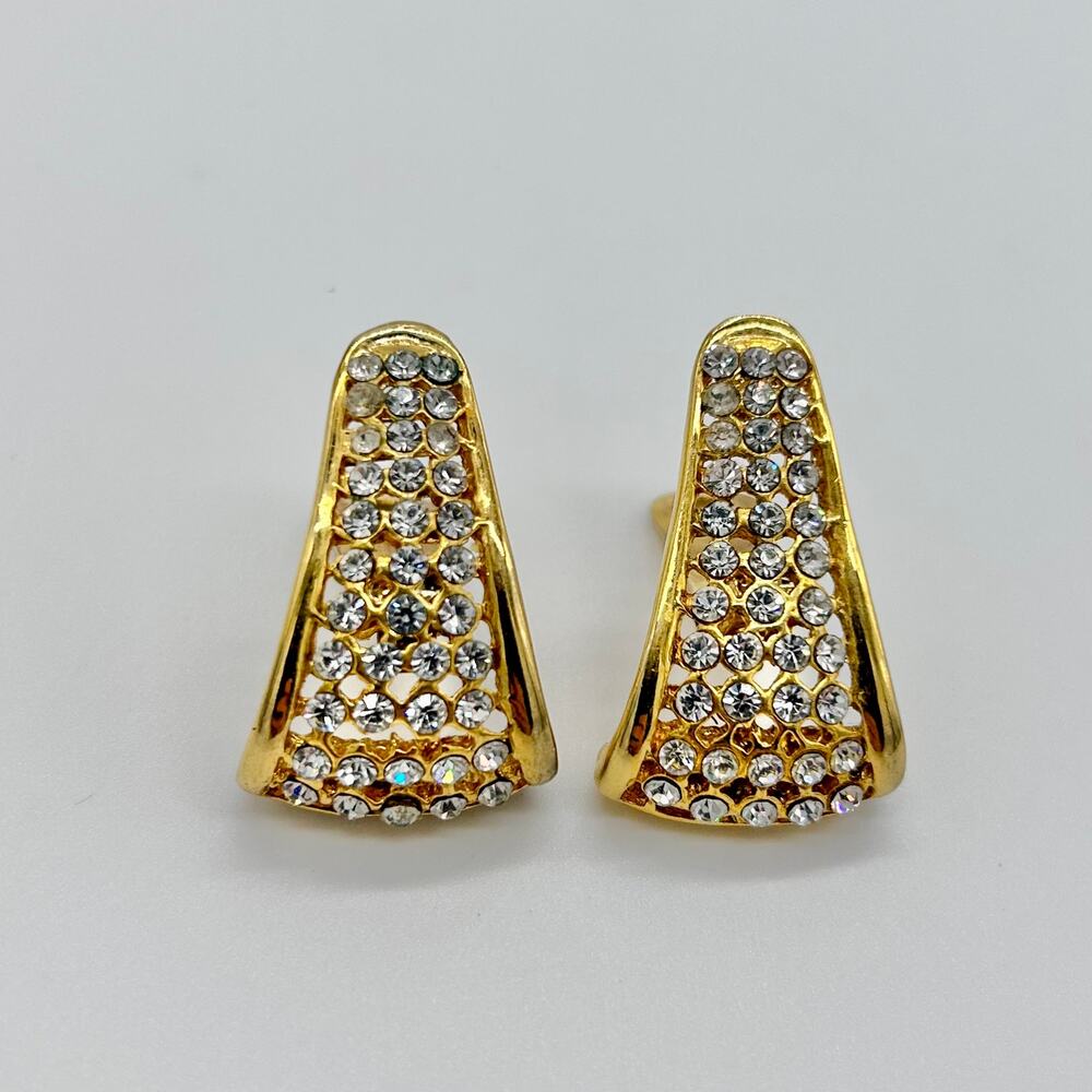 Vintage Rhinestone Clip On Earrings Glam Unique Bold Gold Tone Costume Jewelry